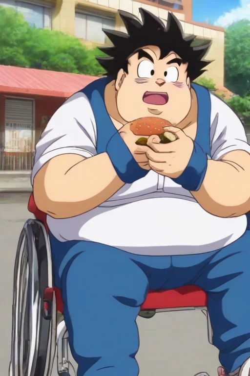 <lora:PE_SonGoku:0.8> PESonGoku, Anime,
Sitting in Wheelchair, extremely obese, eating hamburger, hambuger in hand