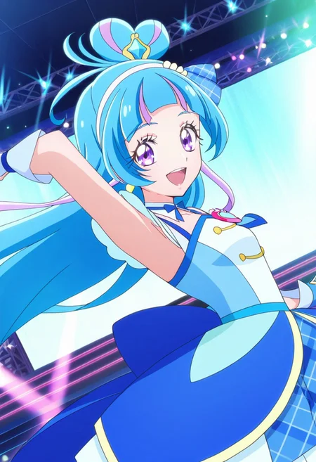 general,highres, ultra-detailed,very aesthetic,best quality ,best hands,best eyes,easynegative,
dynamic anglre, dutch angle, anime cloring,anime screencap,
1girl solo,looking at viewer,concert hall,light,on stage,dancing,smile,open mouth,
Cure Wink,light blue hair,long hair,hair ornaments,hair ribbon,blue ribbon,small breasts,purple eyes,hairband,white band,earrings,multicolored hair,jewelryes,idol costume,