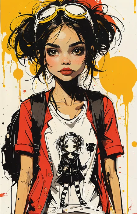 masterpiece,best quality,<lora:tbh333-sdxl:0.6>,illustration,style of Jim Mahfood tech genius teenage girl