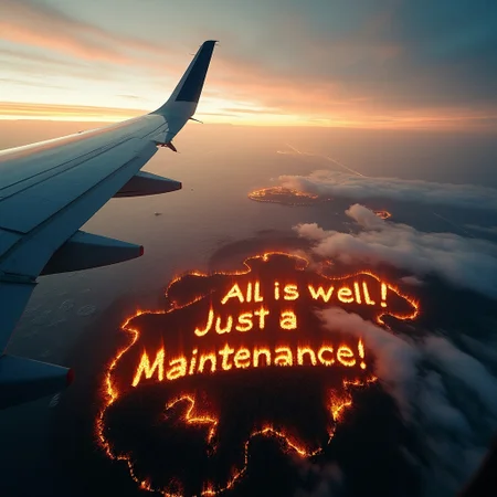 The view from the airplane to the ground, and on the ground the burning forest grew in the shape of the word "All is well! Just a Maintenance!"