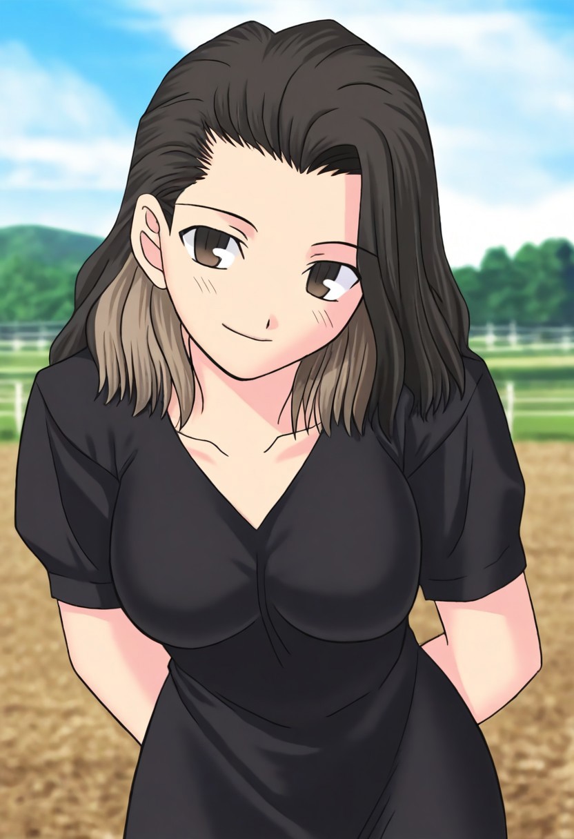 masterpiece, best quality, <lora:Tsukihime NXL:1>,solo,masterpiece, best quality, 
1girl, female focus, large breasts,  solo, brown eyes, thin brown highlights in hair, black hair, thin blonde highlights in hair, medium hair,wavy hair, hair part, side part, hair slicked back, small mouth, short nose, small nose, cute face, soft hair,
outdoor, farm, sunny day, head tilt, hands behind back, leaning forward, quarter view,  innocent smile, cheerful feeling, feminine, girlish, cute