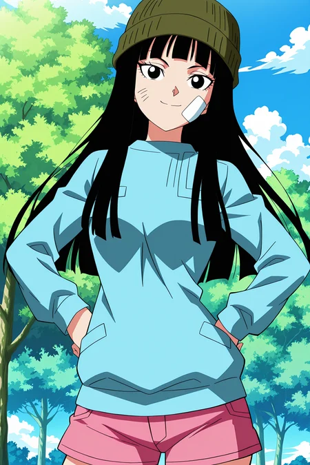 anime screencap, anime coloring, detailed face, masterpiece, best quality, very aesthetic, absurdres,  official style, amazing quality, ultra detailed,  highres, amazing quality, scenery, beautiful detailed hair, beautiful detailed eyes,
<lora:2-in-1_Mai_and_Trunks_Dragon_Ball_Super_-_Future_Trunks_Saga_appearances:1>
outdoors, blue sky, trees, clouds,
Mai Hat, Mai (character), 1girl, solo, black hair,  long hair, black eyes, green beanie, single bandage on face,
hands on hips, frilly blue shirt, pink short shorts,
cute smile, cowboy shot, looking at the viewer