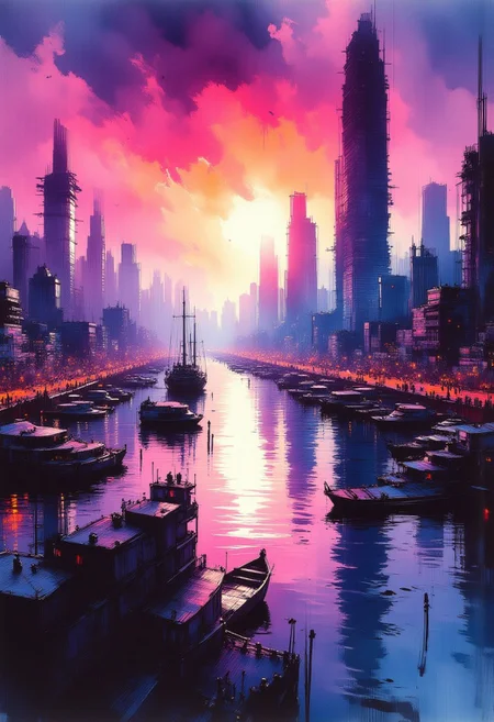 photorealistic inksketch in vivid, surreal colour gradient, gradient of vibrant neon colours, skyscrapers around a futuristic port city, harbour, futuristic ships, sunset, reflection, mist