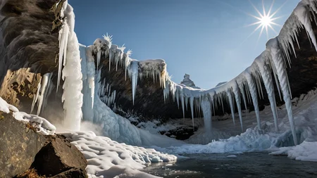 masterpiece,best quality,amazing quality,high resolution,ultra-detailed,absurdres,HDR,8K,high contrast,realistic,muted lithing,sharp focus,fine details,
A professional landscape photography of the view On a hidden ice-carved amphitheater with frozen waterfall spires jutting out. At winter midday, bright sun sparkles on frozen spires, crisp shadows etch every contour, and swirling vapor drifts from hidden crevasses. ,