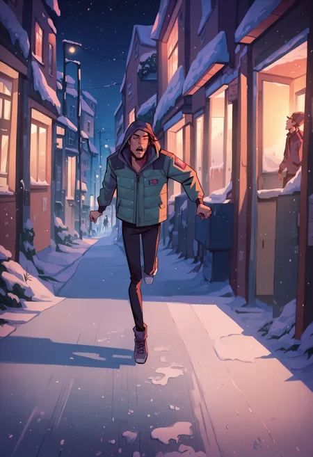 score_9, score_8_up, score_7_up, score_6_up, score_9, score_8_up, score_8, SH_Style, RobVal, 1man, thick winter jacket, hood, running on ice, night, stars, <lora:Sheeps_Styles:1.0>