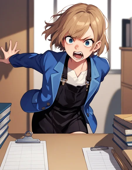 score_9, score_8_up, score_7_up, source_anime
<lora:miyamori-ponyxl-000006:1> miyamori, white shirt, blue jacket, pinafore dress, black dress, short dress,
yelling, furrowed brow, office, clipboard