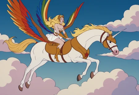 score_9, score_8_up, score_7_up, score_6_up, BREAK, 1girl,   <lora:She-Ra_Pony:1> she-r4, blonde hair, long hair, cape, white dress, minidress, makeup, red lips, bare shoulders, retro artstyle, riding unicorn, white horse, rainbow wings, large bird wings, horse armor, flying in the sky, flying horse, horseback riding, , riding, sky background, flying, straddling, clouds ,smile, open mouth, holding saddle horn