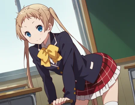 score_9, score_8_up, score_7_up, source_anime,
sanaedekomori, <lora:sanae-dekomori-s2-ponyxl-lora-nochekaiser:1>,
sanae dekomori, long hair, blue eyes, blonde hair, twintails, very long hair,
skirt, school uniform, jacket, plaid, kneehighs, plaid skirt, blazer, icho private high school uniform,
indoors, classroom, bent over, smile,
looking at viewer, cowboy shot, dutch angle, solo,