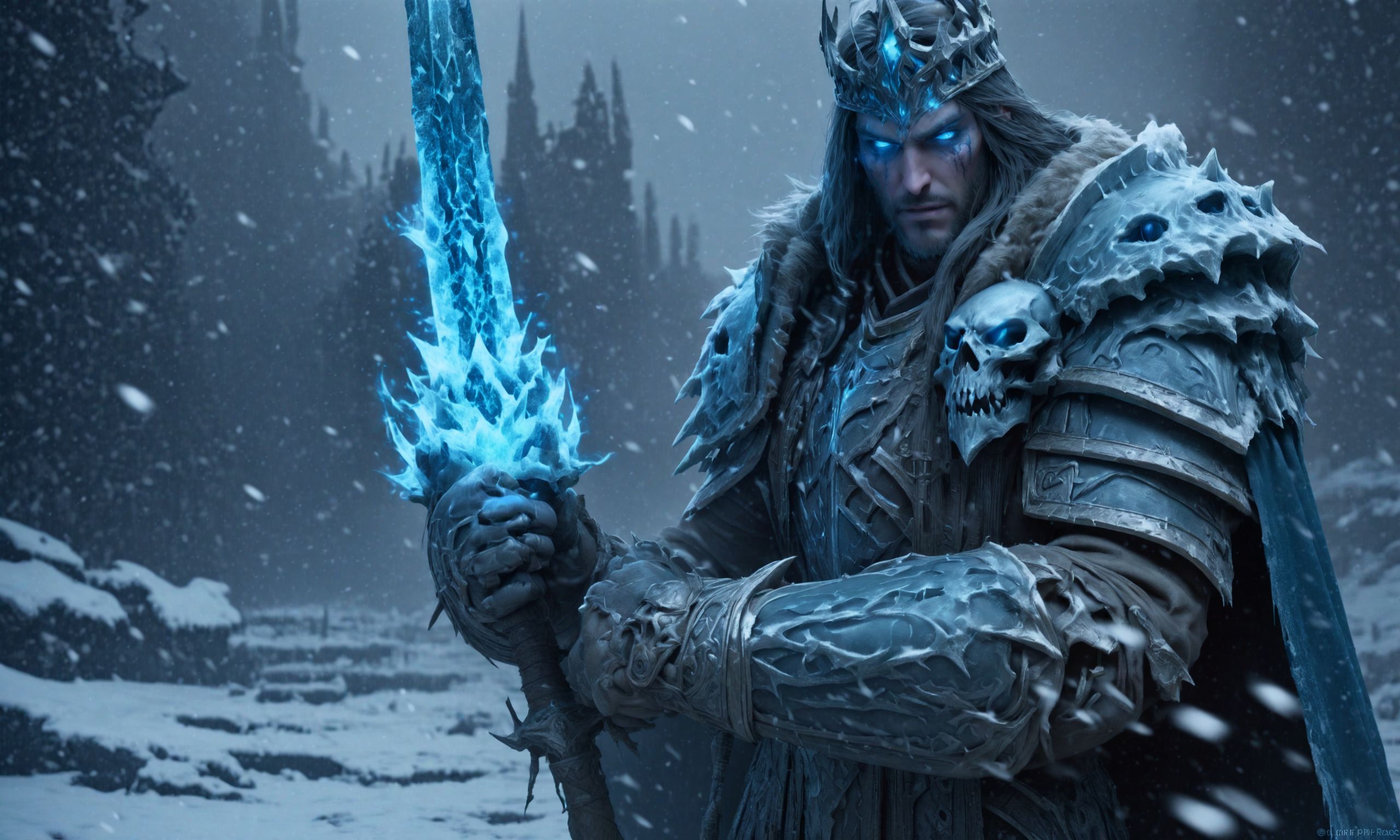 deathknight style,a cursed prince must save his kingdom,8k,masterpiece,realistic,glowing eyes,epic,trending on artstation,hyperdetailed photography,sharp focus,frost theme,(john picacio:1.2), <lora:deathknightsyleXL-000004:0.7>,snowing