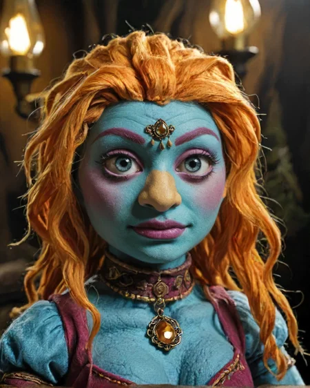 In a felt puppet world style, portrait fantasy digital art of buxom Female Frost giant, detailed face, deep rich colors, very inspirational, complimentary colors, warm light, perfect composition, fantastic aesthetic, enchanted, contemporary fine detail blue-skin, very-tall-female, orbitgood-SDXL OverallDetail-SDXL, <lora:Felt-Puppet-base-v1-000008:0.7>