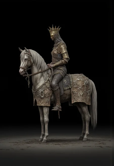 decayed non human Obscure medieval military armored rotting postulant horse without a rider
Standing on a flat ground
Set against a solid dark black color background to emphasize its unsettling unnatural form that emphasizes its silhouette. The medium is not a traditional painting or illustrative medium like watercolor or ink but rather a digital 3D rendering.
MikeFranchinastyle, bbstyle,, horror theme,, ZBClay model of a gray sculpture, zbrush, d4arks0uls, overcast lighting