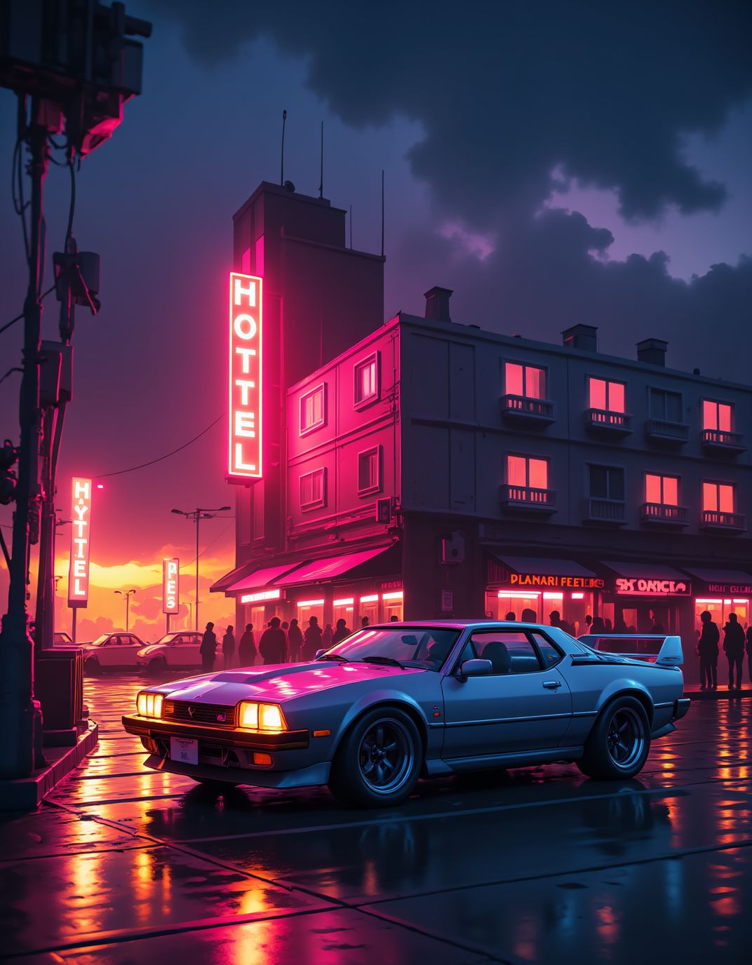 <lora:ck-Neon-Retrowave:1>, ck-nw, in the style of ck-nw, a car parked in front of a hotel at sundown