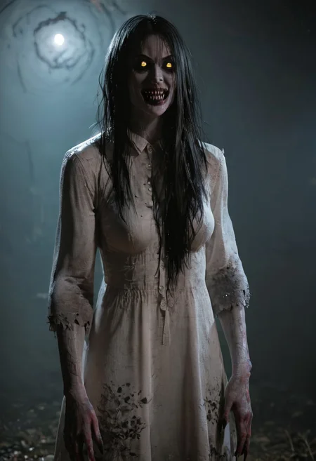 score_9, score_8_up, score_7_up, score_6_up, source_real, source_photo, a 3/4 three-quarters length portrait, WitcherToxinV1 , heavytoxin, veins, black veins, veins, 1girl, deadite woman , female deep one, valak, source_real, source_photo, in the style of the Exorcist movie, exorcist style, a possessed woman, bloodless lips, valak, Body horror, pale body, yellow eyes, long black hair, grey skin, black veins, monster, scary, paranormal, pale, black veins, long tangled black hair, teeth, hands on hips, front view, very pale skin, very pale grimy filthy skin, evil smile, demonic possession. Evil smile, a possessed woman,, yellow eyes, large breasts, hands by side, floating in mid-air, floating above ground, stained filthy white open old-fashioned stained filthy tattered nightgown, stained filthy basic Victorian nightgown, long nightgown,long sleeves, black pupils,  red lighting, bedroom with peeling wallpaper, horror, scary face, monstrous, evil, claws, red lighting, Expressiveh, g0thicPXL, glowing, neon,, zPDXL2, exorcist style