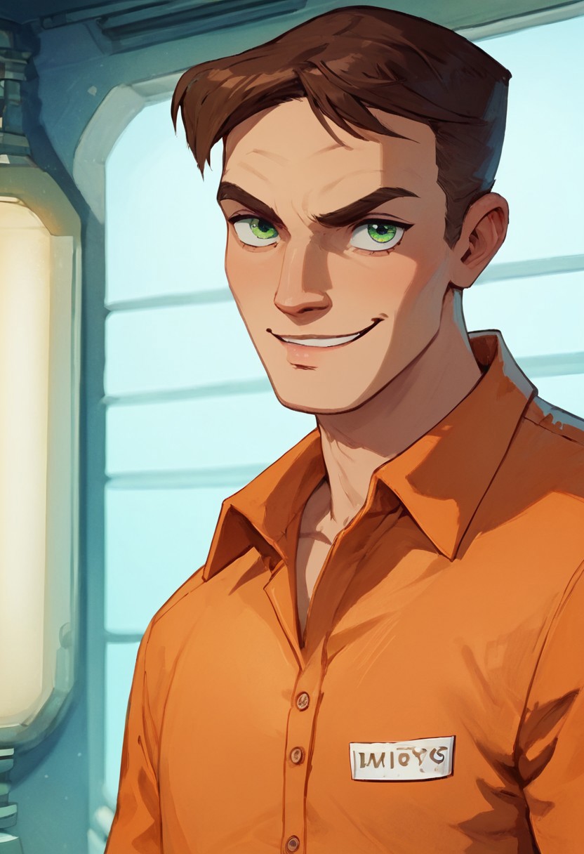 zPDXL2, score_9, score_8_up, score_7_up, 1boy, timscam_ts!, brown hair, short hair, green eyes, orange prison clothes, collared shirt, upper body, close up, staring at viewer, darkened face, smirk