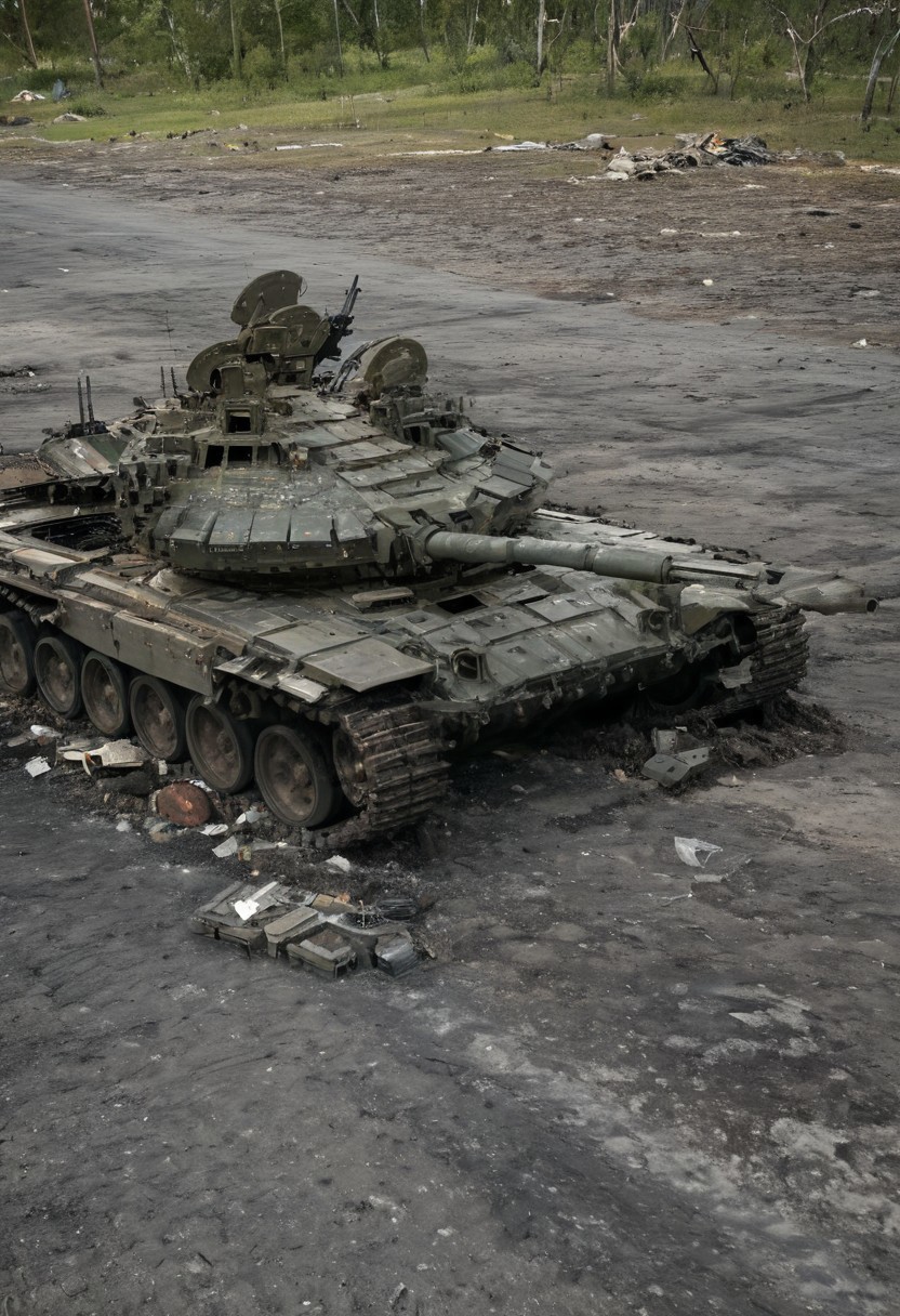 (medium full shot) of (high-tech light digital-camo tank) with modular armor, hybrid, additional armor plating, reactive armor blocks, set in  a recently fought-over area, with craters and debris, the tank moving through the aftermath, during a dusk operation, ,Masterpiece,best quality, photo, realistic, very aesthetic