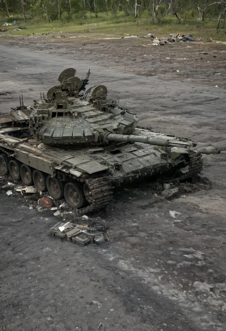 (medium full shot) of (high-tech light digital-camo tank) with modular armor, hybrid, additional armor plating, reactive armor blocks, set in a recently fought-over area, with craters and debris, the tank moving through the aftermath, during a dusk operation, ,Masterpiece,best quality, photo, realistic, very aesthetic