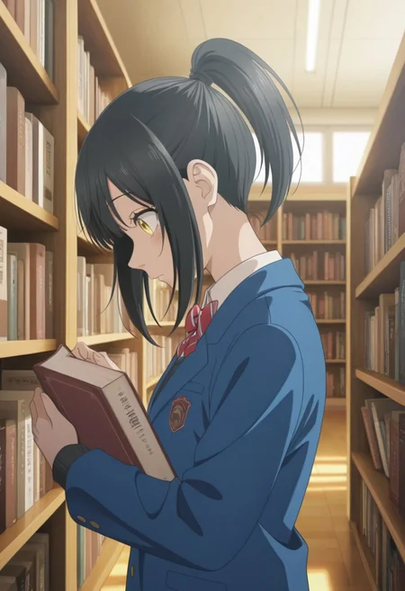 masterpiece,best quality,amazing quality, ishimori uka, black hair, yellow eyes, medium hair, 1girl, book, solo, school uniform, ponytail, bookshelf, indoors, library, blue jacket, bow, jacket, bowtie, from side, striped bow