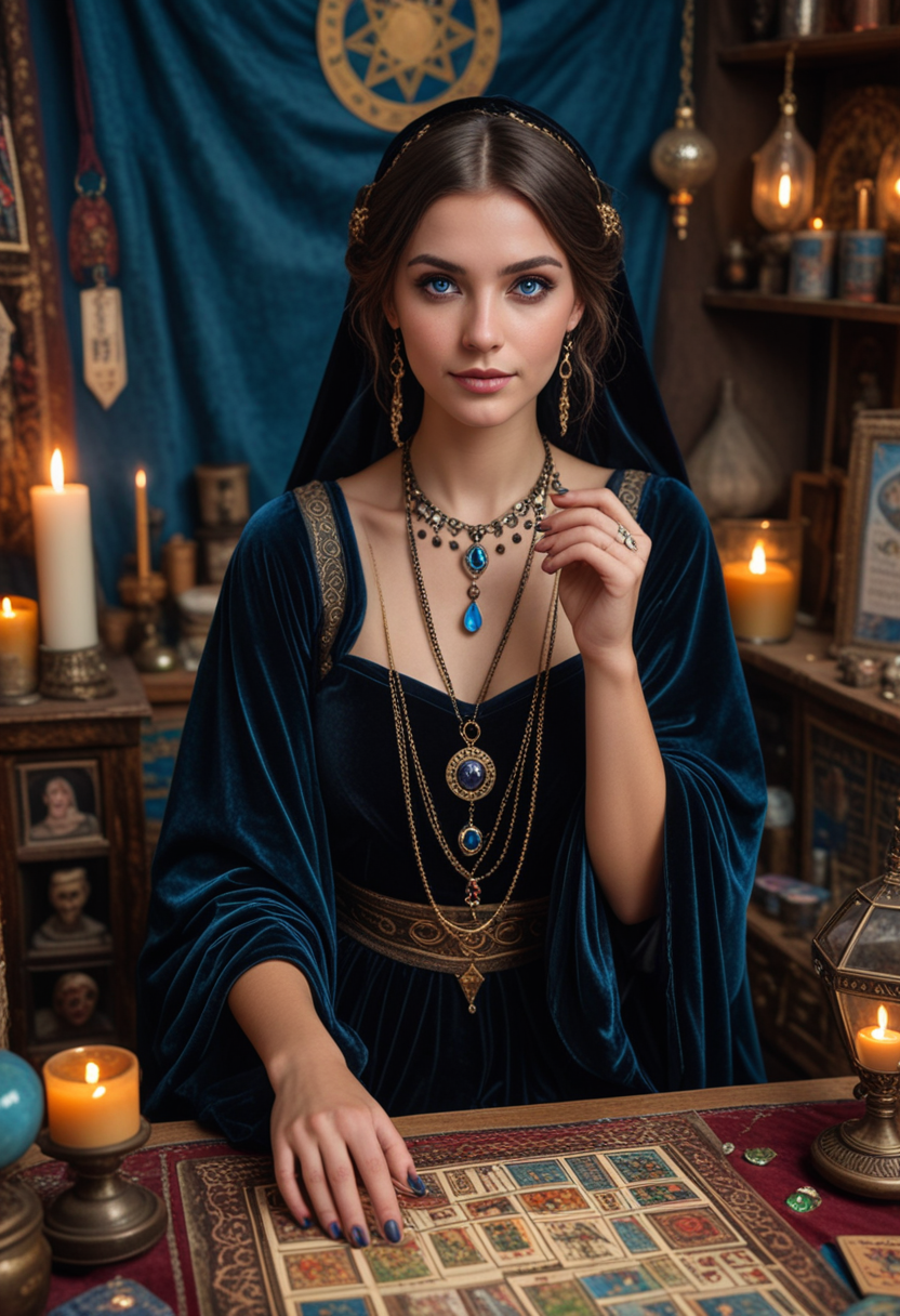 (medium full shot) of (mystical fortune teller) young woman, german, tan skin, blue eyes, tiny build, extra long dark updo hair, wearing a velvet cloak , black embroidered tunic, flowy skirt, ankle boots, smoky eyeshadow, tarot cards, gemstone rings,  set in  an old-world fair, with vintage decor, ethereal music, enchanting stalls, a fortune tellerâs mystical setup, woman smiling, Masterpiece,best quality, photo, realistic, very aesthetic, detailed face,