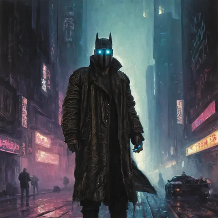 Painting of cyberpunk dark knight dystopian blade runner AH_FLeighton <lora:Paintings_by_Frederic_Leighton_-_Victorian_painter_Academicism_Pre-Raphaelite_style_:1>