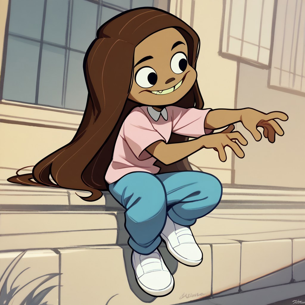 score_9, score_8_up, score_7_up BREAK KimCat, 1girl, long brown hair, tan skin, black eyes, tooth gap, white-collared short-sleeved pink shirt, blue pants, white shoes,