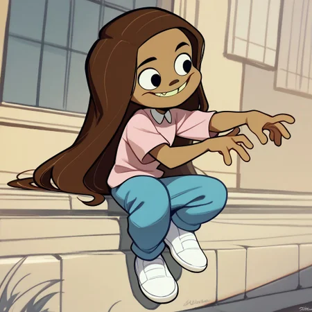 score_9, score_8_up, score_7_up BREAK KimCat, 1girl, long brown hair, tan skin, black eyes, tooth gap, white-collared short-sleeved pink shirt, blue pants, white shoes,