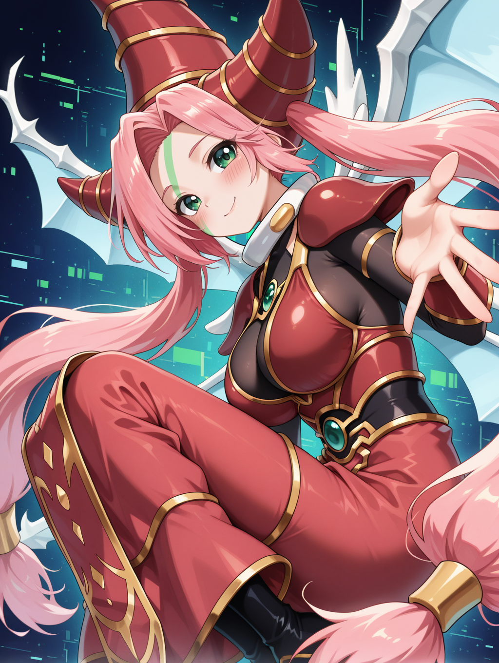 T.G. Wonder Magician, 1girl, solo, smile, looking at viewer, from side, large breasts, glitch, knees up, blush, green facial mark, twintails, black bodystocking, dragon wings, gold hair tubes, red dress, red gauntlets, red wizard hat, outstretched hand, black thigh boots, red shoulder armor,
masterpiece,best quality,amazing quality,very aesthetic,apussbsurdres,newest,<lora:T.G. Wonder Magician illuXL v1:0.75>,