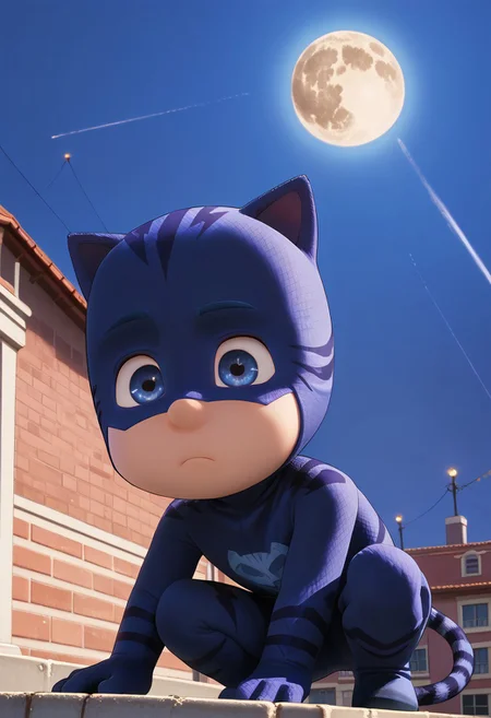(score_9, score_8_up, score_7_up), highly detailed, cute boy, masterpiece, best quality, high quality, detailed, round face, round eyes,  petite, flat chested, aged down, cute, kawaii, short, 1boy, solo, Catboy Costume, Blue Eyes, Cat Ears, Tail,  low angle view, foreshortening, dynamic view, dutch angle, squatting, on roof ledge, perching, perfect detail, perfect eyes, perfect face, perfect mouth, night time, moonlighting, moon in background, natural lighting, (ray tracing, good shadows)