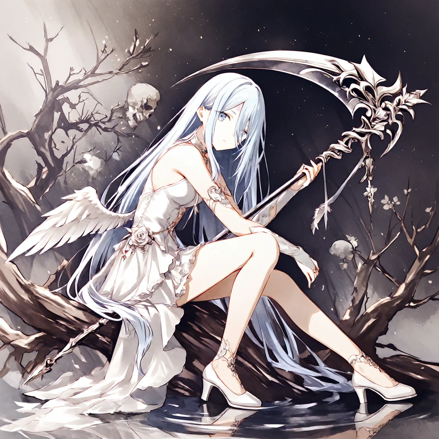 1girl, yoisaki kanade, project sekai, masterpiece, high score, great score, absurdres, (watercolor \(medium\):1.6),
blancheaile, very long hair, white hair, white eyes, (hair over one eye:1.2), four fingers and thumb, expressionless,
(white scythe:1.2), sitting on tree branch, looking at viewer, holding scythe, white skin, outstretched wings, BREAK
white dress, large white wings, low wings, angel wings, feathered wings, bridal gauntlets, sleeveless, white footwear, jewelry, bare shoulders, sleeveless dress, anklet, gloves, high heels,
monochrome, haze, water, branch, skeleton, born, ripples, reflection, plant, trees,
<lora:sdxl-25-BlancheAile01:0.9>, <lora:XL_Weapon_Scythe_-_By_HailoKnight_V2:0.8>