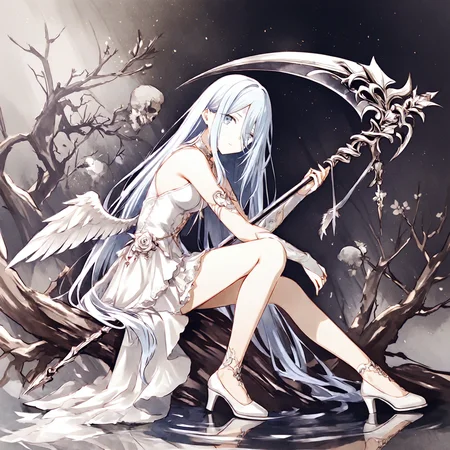 1girl, yoisaki kanade, project sekai, masterpiece, high score, great score, absurdres, (watercolor \(medium\):1.6),
blancheaile, very long hair, white hair, white eyes, (hair over one eye:1.2), four fingers and thumb, expressionless,
(white scythe:1.2), sitting on tree branch, looking at viewer, holding scythe, white skin, outstretched wings, BREAK
white dress, large white wings, low wings, angel wings, feathered wings, bridal gauntlets, sleeveless, white footwear, jewelry, bare shoulders, sleeveless dress, anklet, gloves, high heels,
monochrome, haze, water, branch, skeleton, born, ripples, reflection, plant, trees,
<lora:sdxl-25-BlancheAile01:0.9>, <lora:XL_Weapon_Scythe_-_By_HailoKnight_V2:0.8>