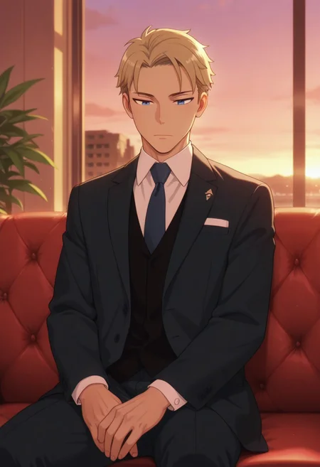 masterpiece,best quality,amazing quality, twilight, blonde hair, short hair, blue eyes, 1boy, male focus, solo, formal, suit, necktie, couch