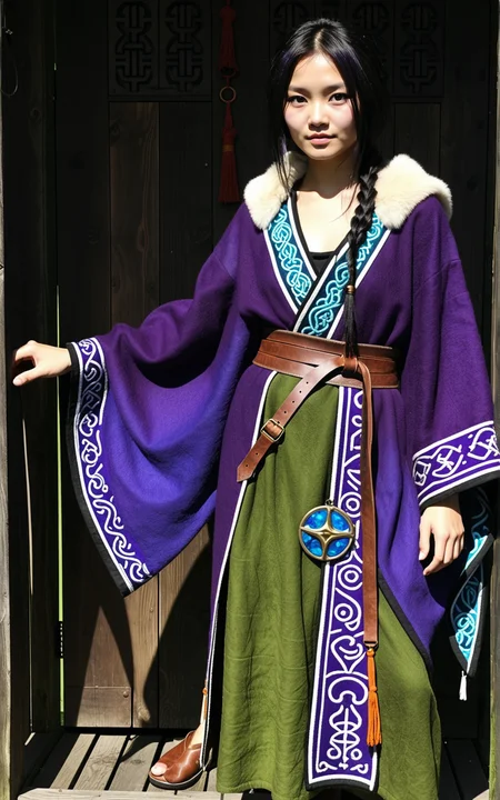 1girl,Chinese, yidu from the TV series Vikings, Dianne Doan, 20yo, small, beautiful face, cute, black hair, short hair, bob hairstyle, black eyes, slim, small breasts, A mystic seerâs robe in deep amethyst, moss green, and twilight silver, crafted from hand dyed wool with celestial inspired embroidery. The wide sleeves are lined with sheepskin for warmth, while a heavy bronze pendant hangs from the high collar. Paired with tasseled leather sandals and a handwoven sash.,