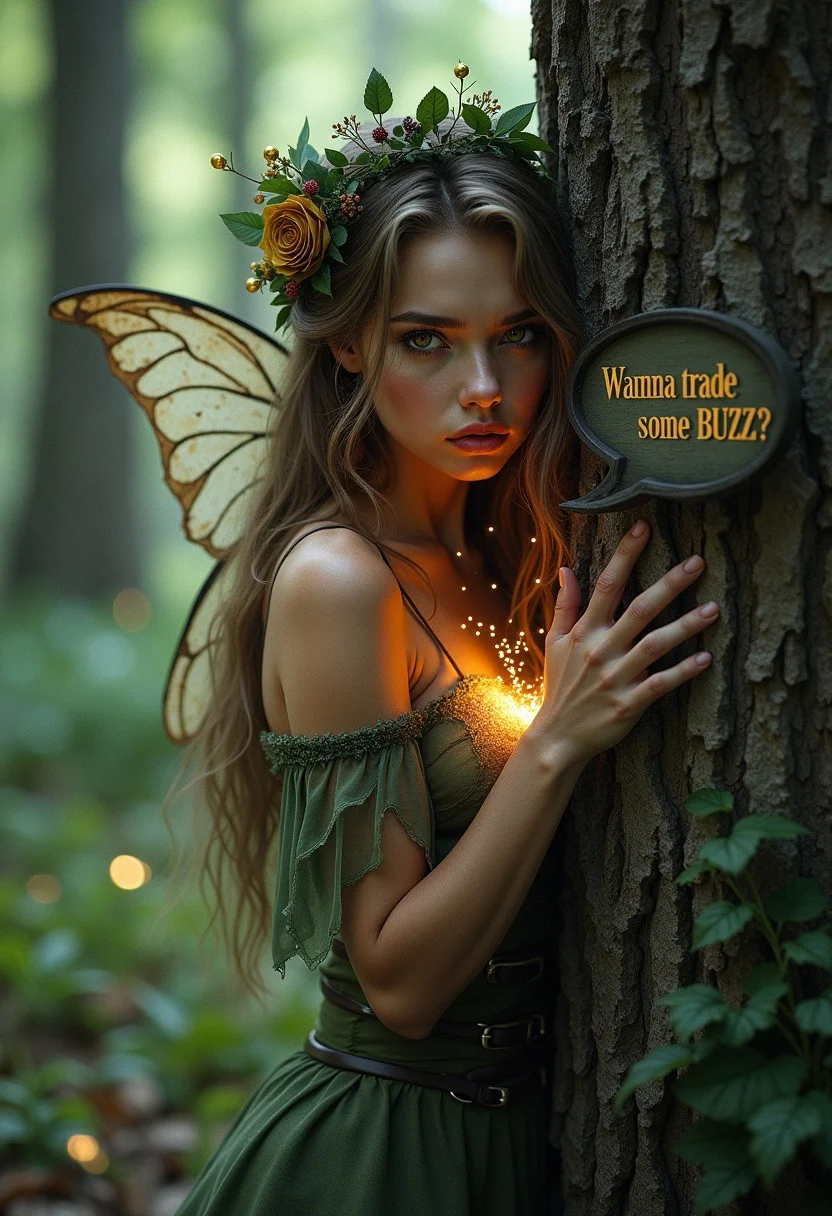 Hyper realistic style, sexy realistic fairy behind a tree holding a bag of shining dust, she looks like a drug dealer addicted when saying on a speech bubble: ‘Wanna trade some BUZZ?’ (high focus on deteriorating text). (High quality textures and colors), realistic eyes and face features. enchanted woods background, full body, full view, her eyes are glowing, open view, at distance,