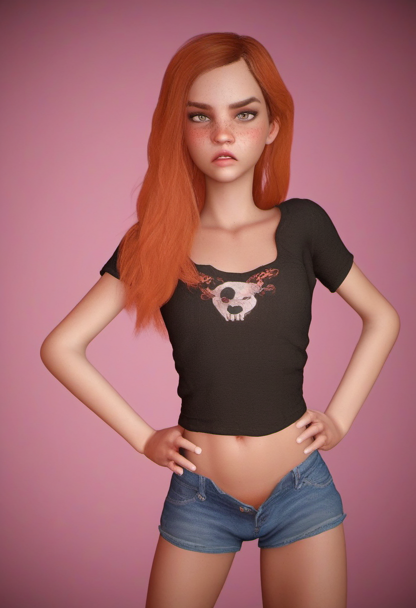 zPDXL, zPDXLxxx, score_9, score_8_up, score_7_up, score_6_up, score_5_up, score_4_up, BREAK  <lora:Dumb_Koala_Style_for_PonyXL:0.8> dumb_koala, ginger hair, shirt, short shorts, short sleeves, hands on hips, scowl, 1girl, freckles, grey eyes, long hair, looking at viewer
