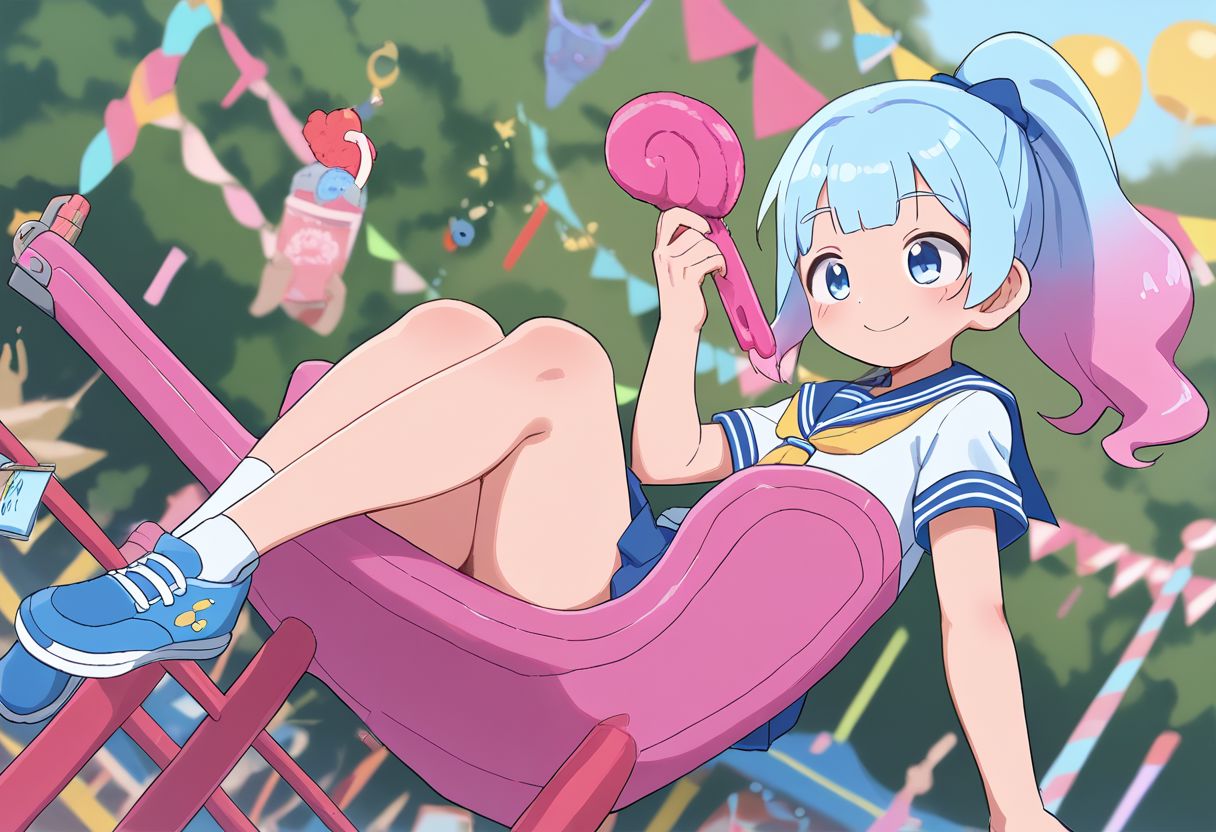 score_9, score_8_up, score_7_up, bbka_style,
1girl, solo, hime cut, pastel hair, blue eyes, slide, swings, kawaii, cute, adorable, ponytail, smiling, carnival, holding cotton candy, school uniform, climbing, playing, <lora:bbka_pdxl5:1>, *, giant stuffed toy