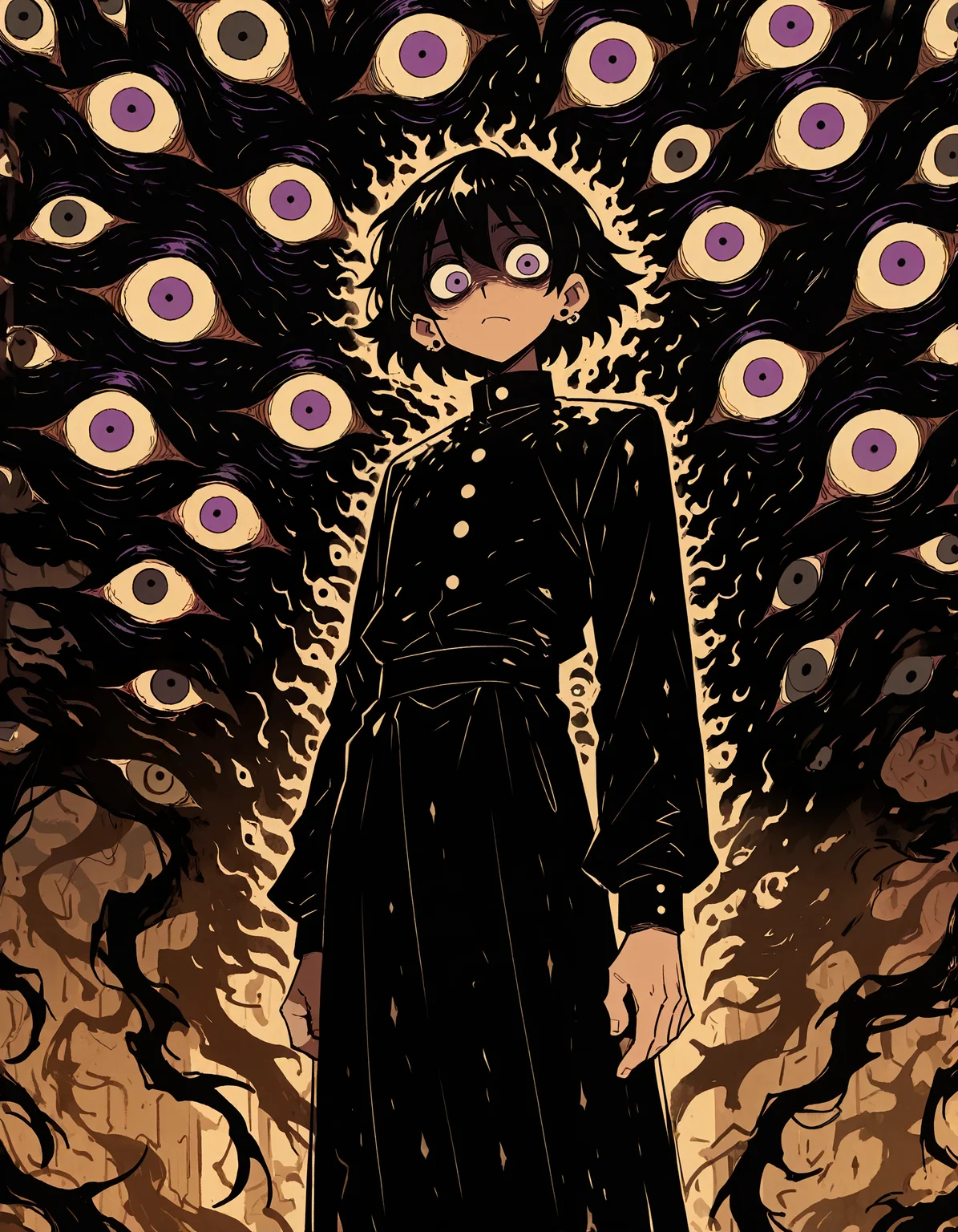 masterpiece, newest, incredibly absurdres, highres, <lora:3Y3S_style:1>,3Y3S_illu,toon \(style\), monochrome, black hair, looking at viewer, extra eyes, short hair, purple eyes, long sleeves, 1boy, solo, male focus, closed mouth, earrings, jewelry, monster, 1other, standing,extra_eyes