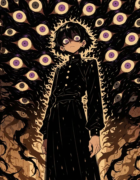 masterpiece, newest, incredibly absurdres, highres, <lora:3Y3S_style:1>,3Y3S_illu,toon \(style\), monochrome, black hair, looking at viewer, extra eyes, short hair, purple eyes, long sleeves, 1boy, solo, male focus, closed mouth, earrings, jewelry, monster, 1other, standing,extra_eyes