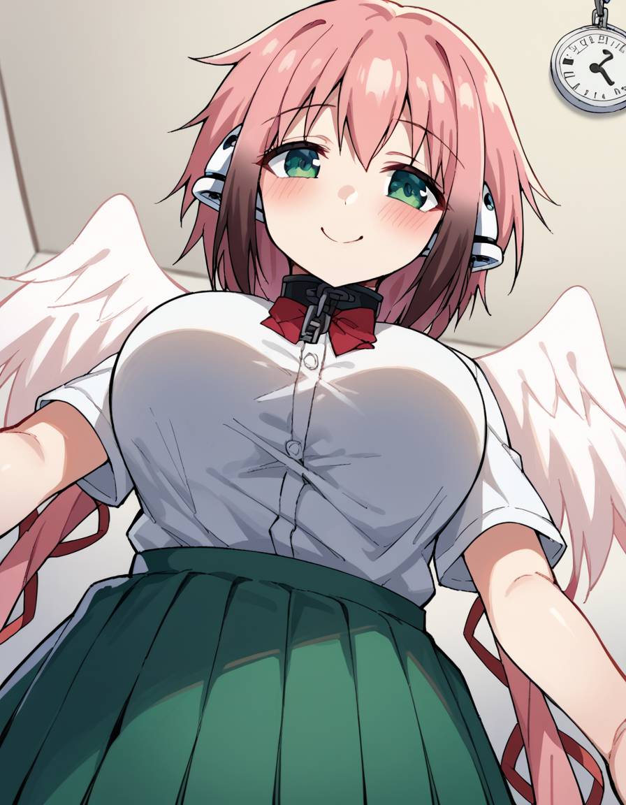 score_9, score_8_up, score_7_up, source_anime, <lora:ikaros-s2-ponyxl-lora-nochekaiser:1>, ikaros, long hair, bangs, large breasts, twintails, very long hair, green eyes, hair ribbon, pink hair, angel wings, robot ears, collar, chain,, skirt, shirt, bow, school uniform, white shirt, short sleeves, pleated skirt, bowtie, red bow, green skirt,, bedroom, alarm clock, morning routine, yawning, stretching, on bed, smile, <lora:lap-pov-ponyxl-lora-nochekaiser:1>, lap pov, lap pillow, from below, ceiling, looking down, pov, blush, smile,, looking at viewer, solo,, dutch angle, cowboy shot