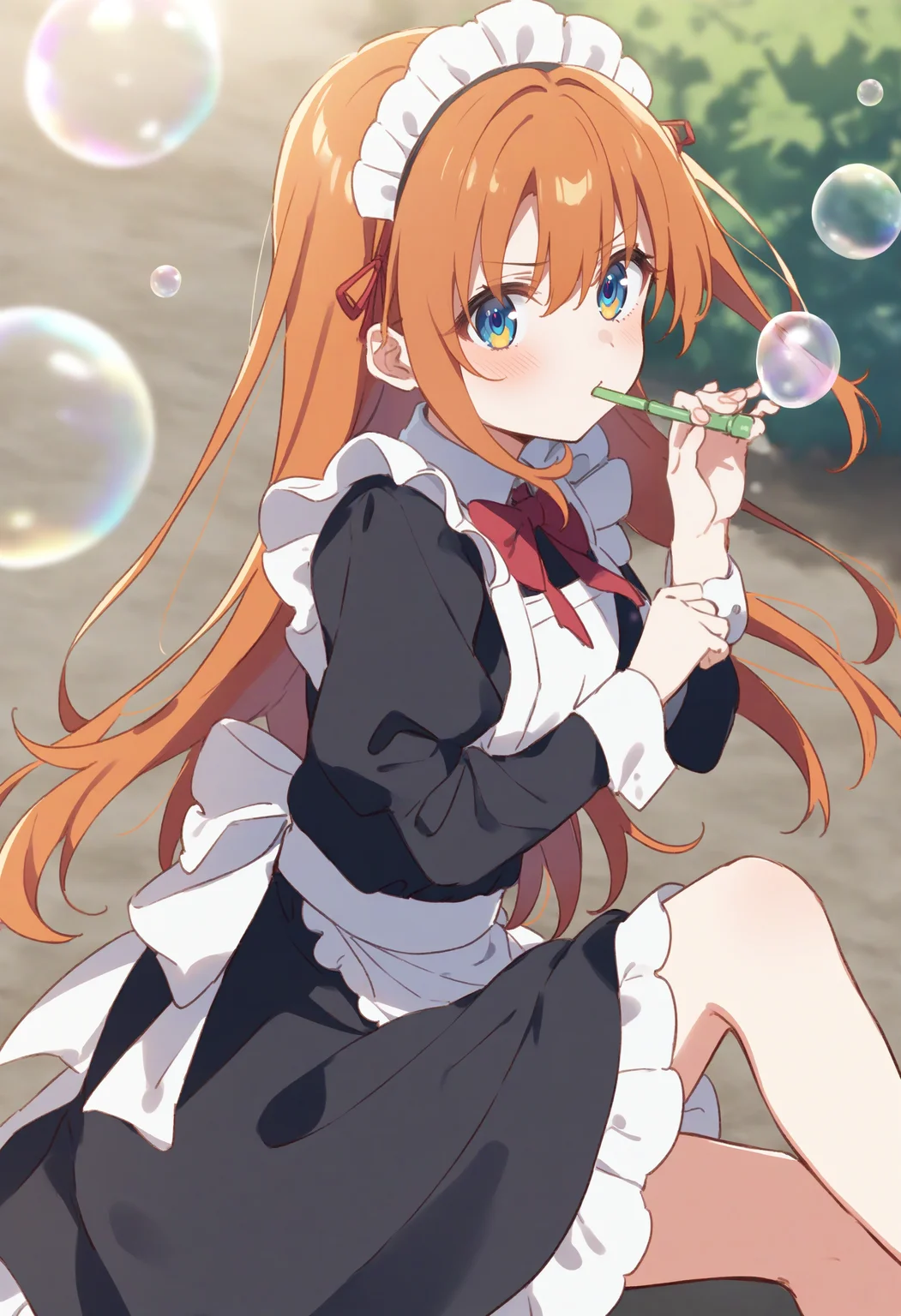 1girl,sincos, ningen mame, toosaka asagi,solo,medium breasts,20yo,maid,maid headdress,
blowing bubbles, bubble, bubble blowing, bubble pipe, outdoors, day, sky,<lora:blowingbubbles_XL_v1:0.7>
from side, feet out of frame, looking away, orange hair, golden eyes,grimace, study, lightly curled inwards hair,
best quality, very aesthetic, absurdres