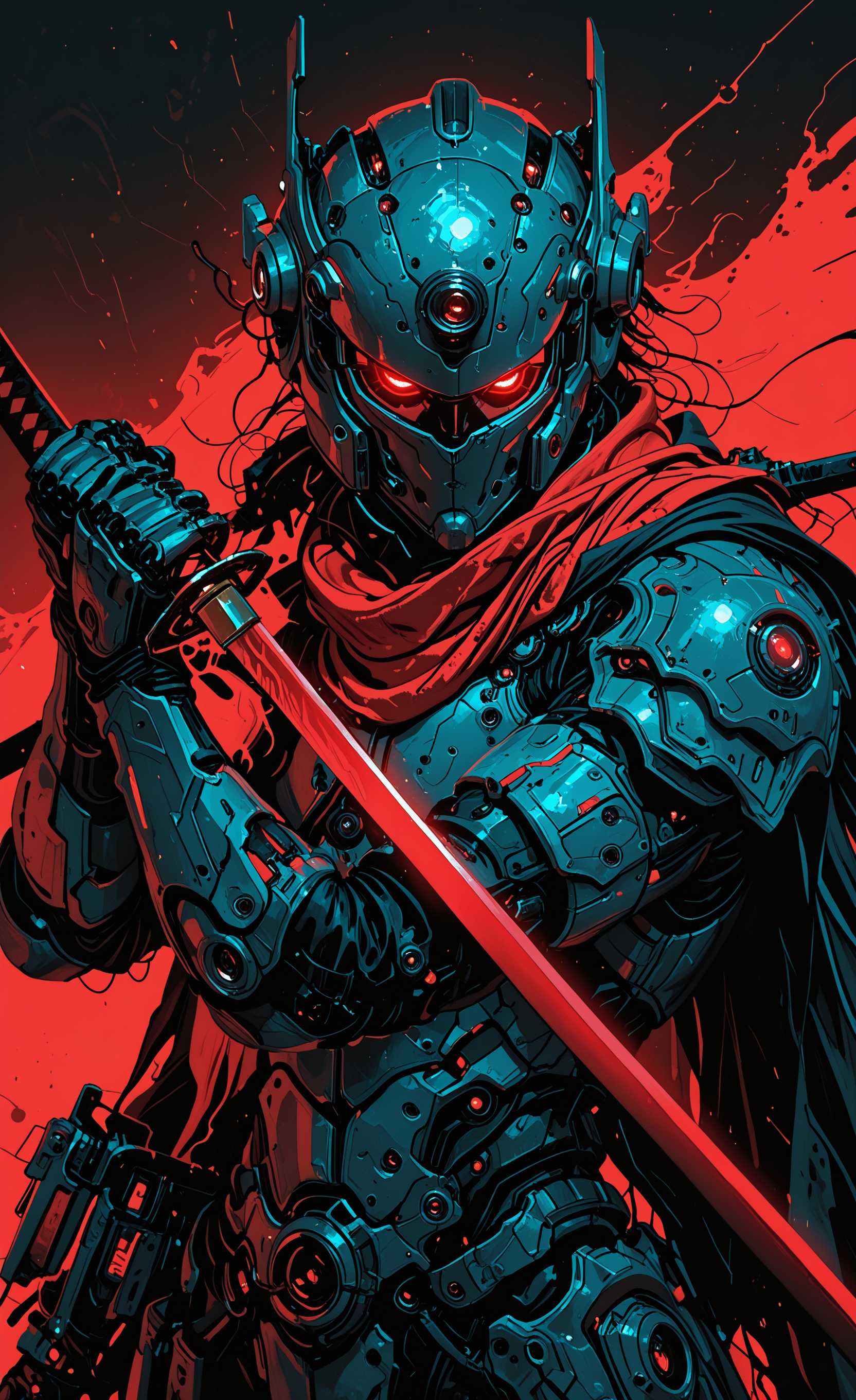 solo, 1boy, red eyes, holding, male focus, weapon, sword, holding weapon, scarf, cape, armor, glowing, holding sword, helmet, katana, glowing eyes, science fiction