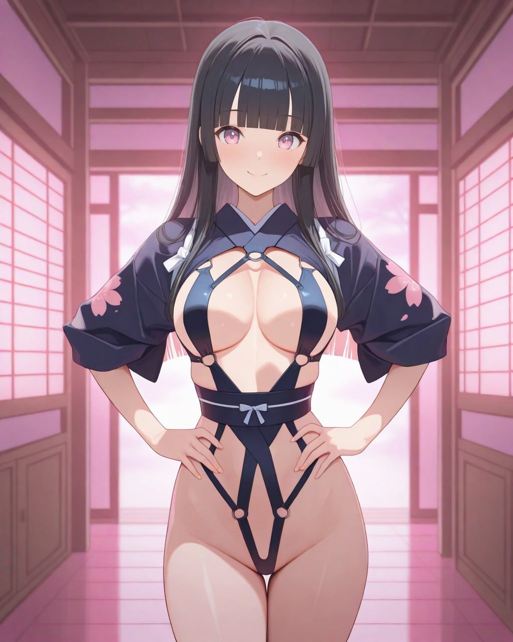 masterpiece,best quality,highres illustration,detailed face,1girl,cowboy shot,<lora:revealingsuit_IL:1>,revealing clothes,black hair,blunt bangs,long hair,hands on hips,smile,pink light,indoors,kimono,