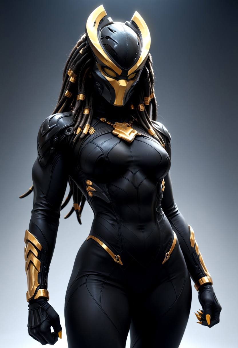 score_9, score_8_up, score_7_up, hyperrealism, 1girl, mask, long hair, dreadlocks, fishnets, girl, wide hips, medium breasts, perky breasts, fully covered, black bodysuit, yellow claws, yellow mask, gold jewelry, (body jewelry), mask, thick body, perfect body,  BREAK, super hero pose, cinematic lighting, fit, high quality, approaching perfection, dynamic, highly detailed, sharp focus