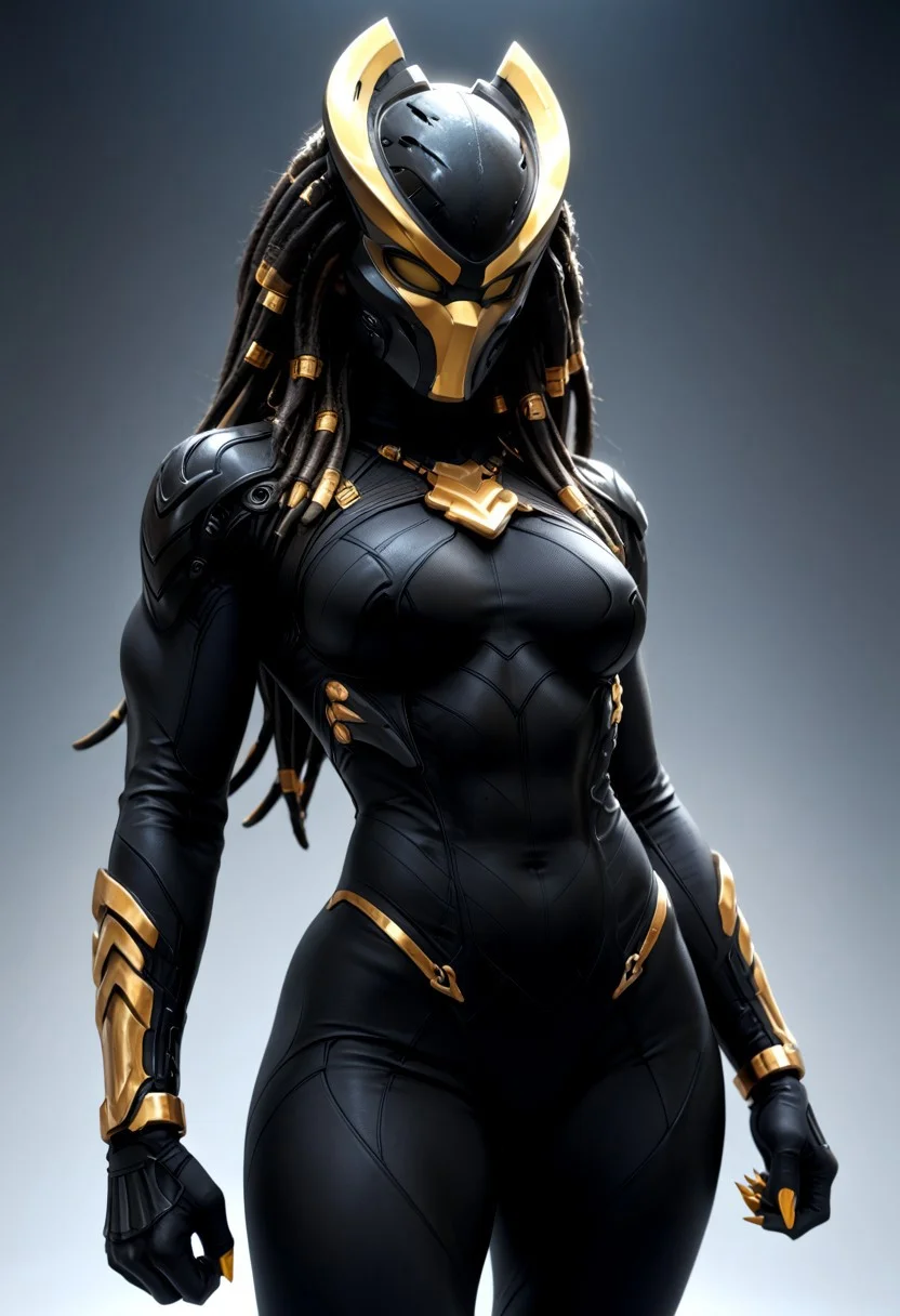 score_9, score_8_up, score_7_up, hyperrealism, 1girl, mask, long hair, dreadlocks, fishnets, girl, wide hips, medium breasts, perky breasts, fully covered, black bodysuit, yellow claws, yellow mask, gold jewelry, (body jewelry), mask, thick body, perfect body, BREAK, super hero pose, cinematic lighting, fit, high quality, approaching perfection, dynamic, highly detailed, sharp focus