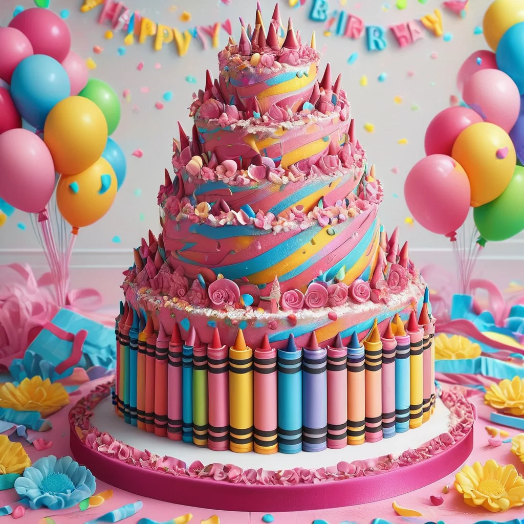 zpdxl2, cr4y0n,birthday cake, colorful <lora:Colorful_Crayons_Pony:1>