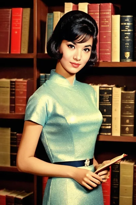 masterpiece,best quality,1girl,cn1960s,simple background,looking at viewer,<lora:cn1960s_20_8_32_50_v1.0:0.7>, library