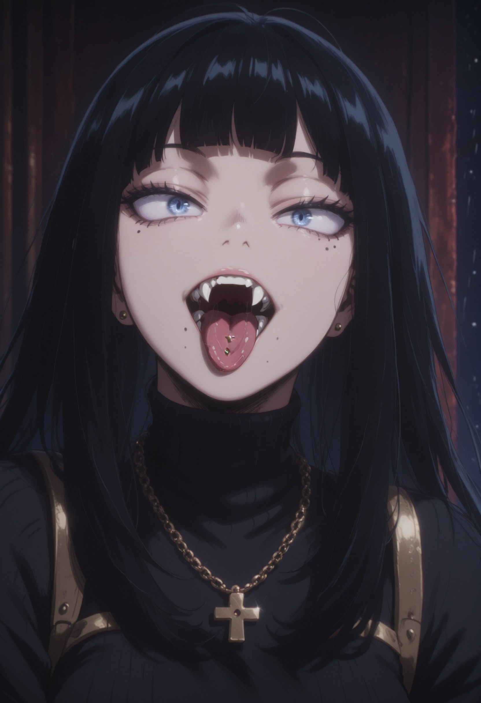 mmha2, 1girl, tongue, black hair, long hair, fangs, vampire, blunt bangs, open mouth, ear piercing, portrait, blue eyes, eyelashes, necklace, turtleneck, tongue piercing, sweater, earrings, turtleneck sweater, looking at viewer, mole, solo, piercing, night, raining, dark background, dark, upper body, jewelry, tongue out, cross, mole under eye, cross necklace, black sweater, fangs, dark, dynamic dutch angle, detailed lighting, masterfully drawn, 4K, amazing quality, aesthetic, details, latest 2024, mmha2, , <lora:0a0ae3b2-1be5-40ad-8afd-2cf1ec75d2f8:0.9>