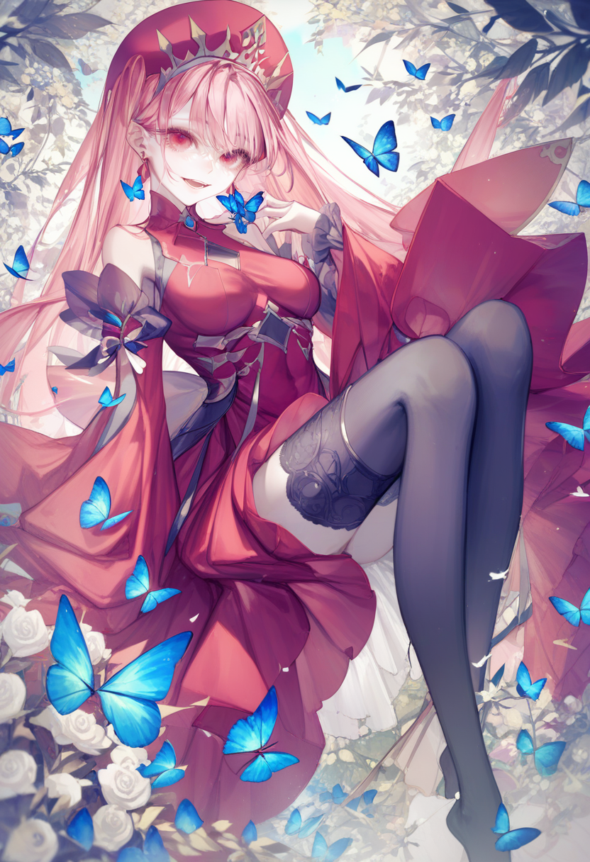score_9, score_8_up, score_7_up, score_6_up, <lora:yoggiXL_P6_lokr_V43P1:0.95>   1girl, bug, solo, butterfly, long hair, pink hair, thighhighs, blue butterfly, medb \(fate\), red headwear, black thighhighs, dress, looking at viewer, red dress, breasts, detached sleeves, holding, smile, hat, long sleeves, jewelry, frills, feet out of frame, medium breasts, bare shoulders, open mouth, flower, red eyes, earrings, very long hair, rose, wide sleeves, tiara, red sleeves