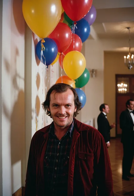 Shin1ng, Jack Torrance, man, creepy evil smile, ballroom, party, people, balloons, Overlook Hotel, indoors, (stylish grainy 35mm analog film photo)