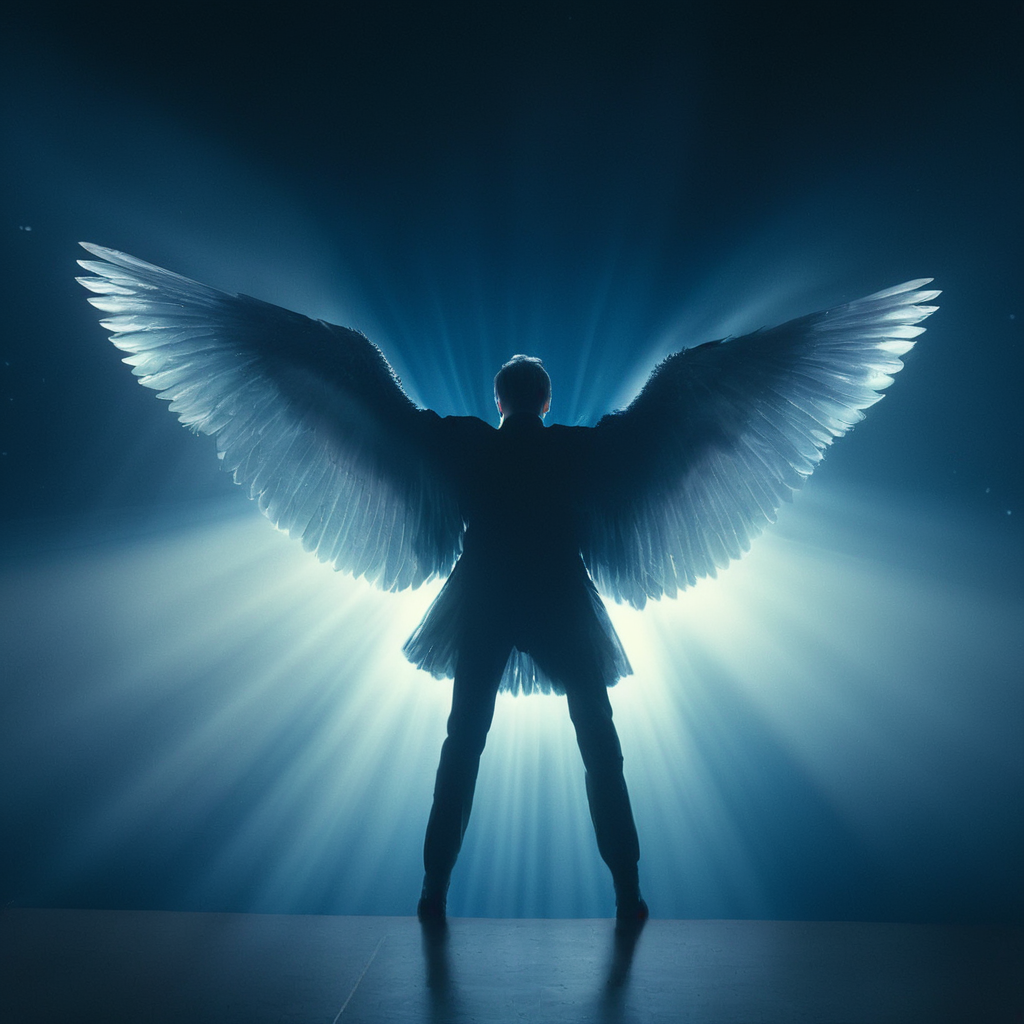 cinematic film still of  <lora:volumetric lighting:1> volumetric lighting style
a Valkyrie mythical creature hovering in a dark room with a large window blue light in background,solo,looking at viewer,short hair,long sleeves,1boy,standing,grey hair,male focus,wings,indoors,from behind,glowing,feathered wings,light particles,black wings,angel wings,angel , volumetric lighting, haze light, fog light, beam light, covered in shadow, shallow depth of field, vignette, highly detailed, high budget, bokeh, cinemascope, moody, epic, gorgeous, film grain, grainy