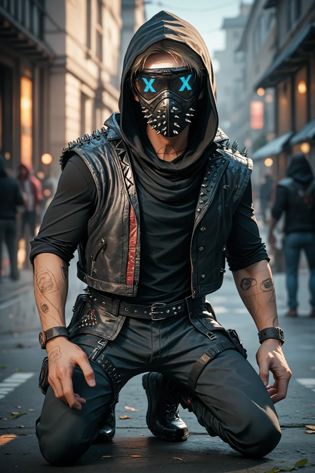 score_9, score_8_up, score_7_up, score_6_up
<lora:WDWren:0.9>
WDWren, 1boy, faceless, mask, hood up, vest, looking at viewer, full body, dynamic pose