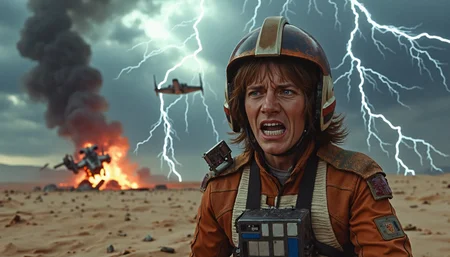 {"T5": ",A highly detailed, hyperrealistic photograph of a Rebel starfighter pilot, modestly dressed in a worn and weathered flight suit, caught in a massive electromagnetic storm on a barren, alien planet, with extreme weather conditions and unstable explosive materials scattered around, the pilot's face contorted in a mixture of fear and determination, with extremely detailed skin, hair, and eyes, the camera positioned at a low angle, looking up at the pilot, with the stormy sky and lightning-filled clouds behind, and a destroyed starfighter in the distance, with debris and smoke billowing, the entire scene illuminated by flashes of lightning and the glow of explosions, with detailed textures and materials, including the rough, rocky ground, and the pilot's worn, metallic equipment,", "CLIP-L": ",Rebel starfighter pilot, alien planet, electromagnetic storm, extreme weather, unstable explosive materials, hyperrealistic, highly detailed, worn flight suit, fear, determination, (stormy sky:lightning:0.7), barren landscape, destroyed starfighter, debris, smoke, lightning, explosions, rough ground, metallic equipment,"}
<lora:Rebel_Starfighter_Pilot_-_Star_Wars_Flux:0.85>